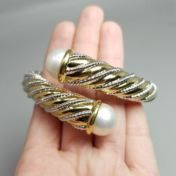 Vintage Hinged Crossover Bracelet Gold Tone Silver Tone Spiral Faux Pear Ends - Picture 4 of 9